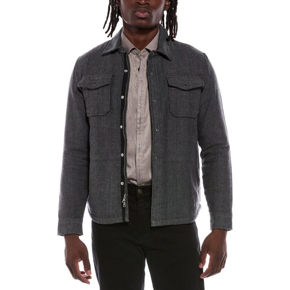 John Varvatos Mens Jameson Herringbone Snap Jacket, Grey